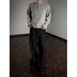 Oclin軟糯華夫格亨利領復古麥穗釦克羅風格基礎口糧長袖正肩微廓