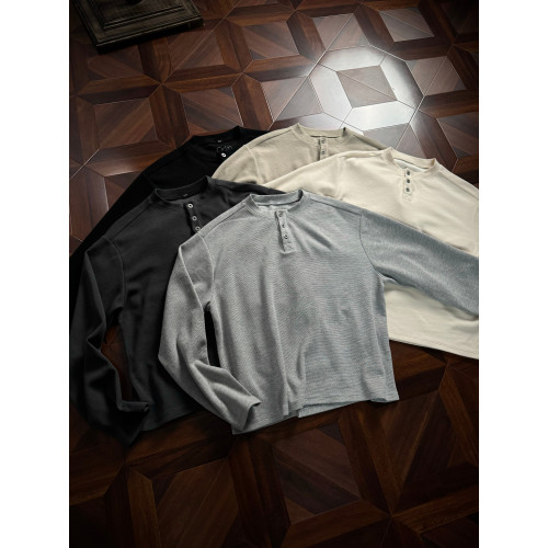 Oclin軟糯華夫格亨利領復古麥穗釦克羅風格基礎口糧長袖正肩微廓 Oclin軟糯華夫格亨利領復古麥穗釦克羅風格基礎口糧長袖正肩微廓