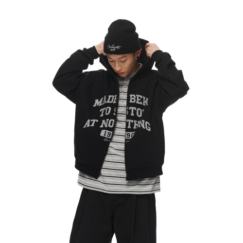 BELLKENIDEA 復古字母做舊感印花連帽開衫衛衣男女寬鬆百搭外套