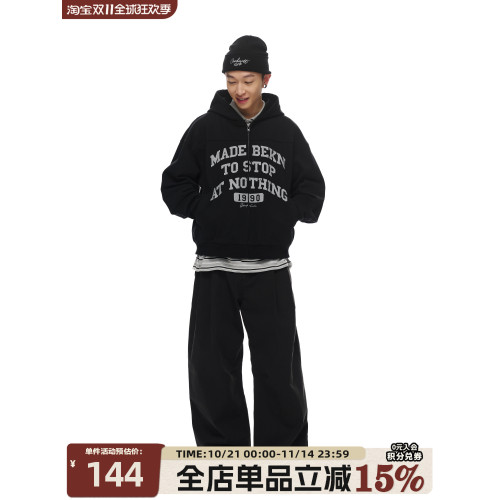 BELLKENIDEA 復古字母做舊感印花連帽開衫衛衣男女寬鬆百搭外套