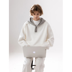 CHOR高級感休閒簡約半開襟連帽肌理針織拼色衛衣男生秋冬季上衣潮