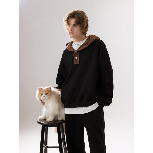 CHOR高級感休閒簡約半開襟連帽肌理針織拼色衛衣男生秋冬季上衣潮 CHOR高級感休閒簡約半開襟連帽肌理針織拼色衛衣男生秋冬季上衣潮