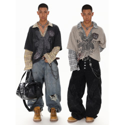 XPKAEAX 龐克風罩衫女早秋薄款衛衣高街V領假兩件長袖T恤美式上衣