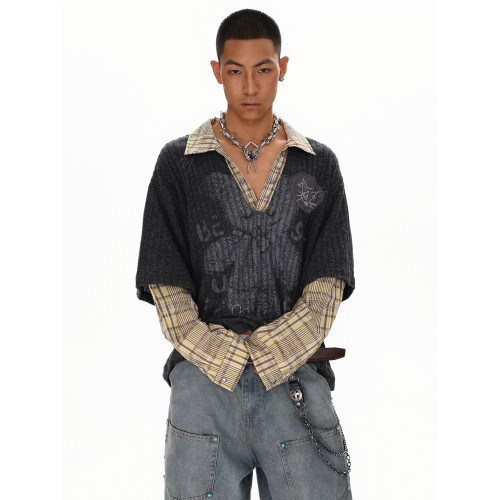 XPKAEAX 龐克風罩衫女早秋薄款衛衣高街V領假兩件長袖T恤美式上衣 XPKAEAX 龐克風罩衫女早秋薄款衛衣高街V領假兩件長袖T恤美式上衣