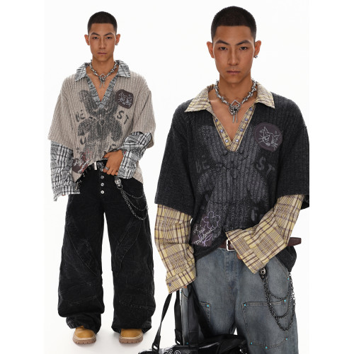 XPKAEAX 龐克風罩衫女早秋薄款衛衣高街V領假兩件長袖T恤美式上衣 XPKAEAX 龐克風罩衫女早秋薄款衛衣高街V領假兩件長袖T恤美式上衣