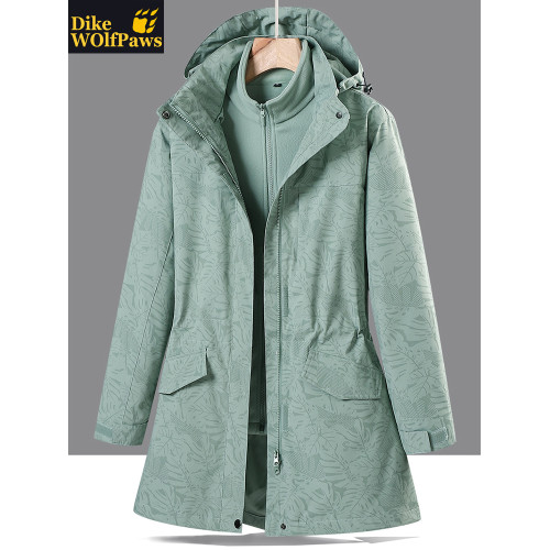 戶外中長款沖鋒衣女潮三合一可拆卸2025新款加絨加厚迷彩冬季外套