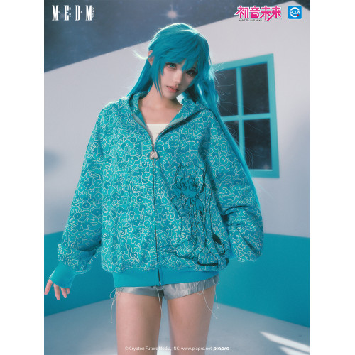 MEDMx初音未來滿印迷彩休閒拉鍊帽衫女卡通風情侶開衫連帽衛衣秋