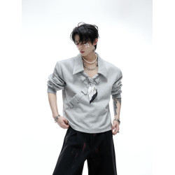 ArguE CulturE歸韻*條紋領巾飄帶拼接V領POLO衫寬松高級長袖衛衣