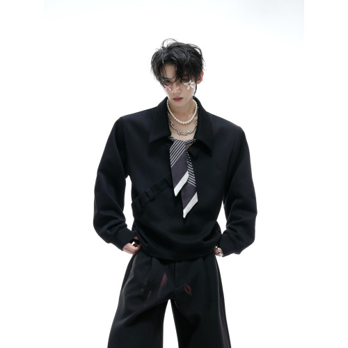 ArguE CulturE歸韻*條紋領巾飄帶拼接V領POLO衫寬松高級長袖衛衣 ArguE CulturE歸韻*條紋領巾飄帶拼接V領POLO衫寬松高級長袖衛衣