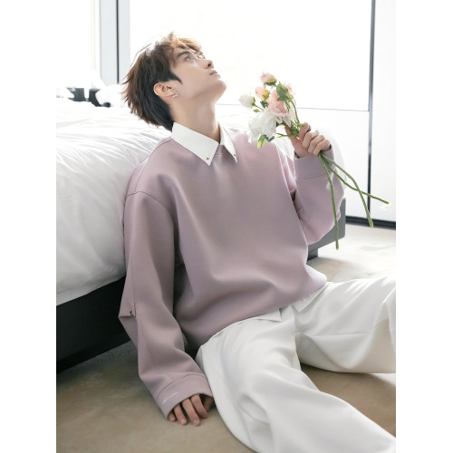 CHICERRO西西裡男裝粉色基礎款學院風金屬釦圓領衛衣男潮百搭高級 CHICERRO西西裡男裝粉色基礎款學院風金屬釦圓領衛衣男潮百搭高級