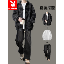 花花公子美式紥染設計感重磅開衫連帽衛衣男士秋冬季寬松加絨套裝