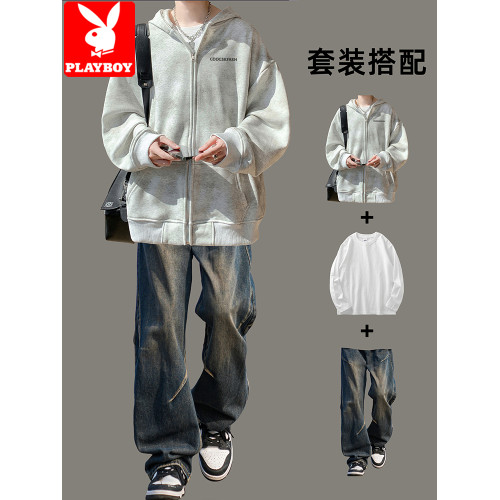 花花公子美式紥染設計感重磅開衫連帽衛衣男士秋冬季寬松加絨套裝 花花公子美式紥染設計感重磅開衫連帽衛衣男士秋冬季寬松加絨套裝