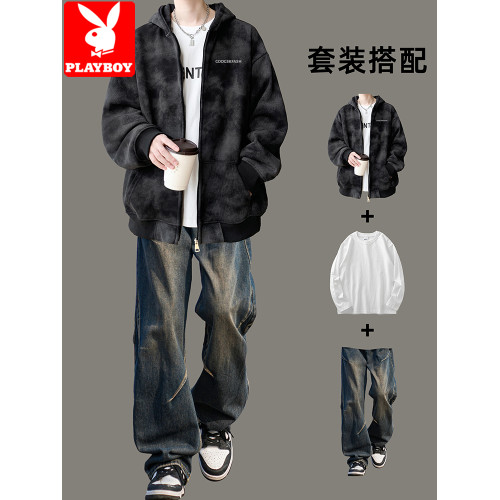花花公子美式紥染設計感重磅開衫連帽衛衣男士秋冬季寬松加絨套裝 花花公子美式紥染設計感重磅開衫連帽衛衣男士秋冬季寬松加絨套裝