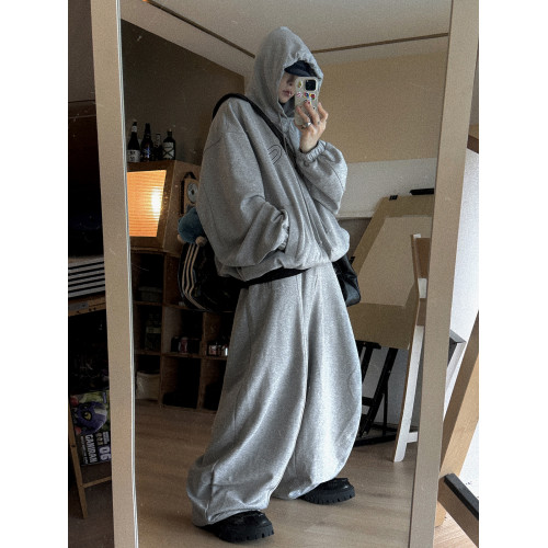 Aurocean 復古刺綉連帽衛衣 松弛感花灰色重磅純棉寬版廓形帽衫 Aurocean 復古刺綉連帽衛衣 松弛感花灰色重磅純棉寬版廓形帽衫