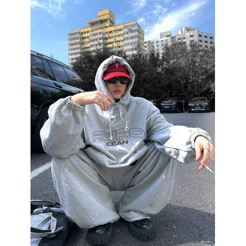 Aurocean 復古刺綉連帽衛衣 松弛感花灰色重磅純棉寬版廓形帽衫 Aurocean 復古刺綉連帽衛衣 松弛感花灰色重磅純棉寬版廓形帽衫