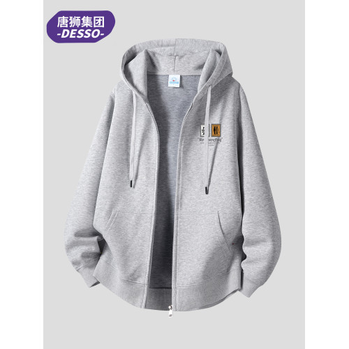 唐獅集團DESSO衛衣男加絨加厚新款春秋外套灰色拉鍊開衫連帽美式