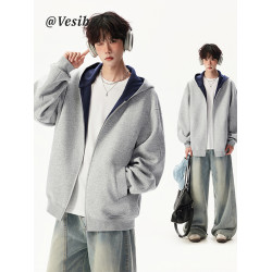 潮牌拼色連帽衛衣男秋季復古寬松學院風運動開衫高街百搭情侶外套