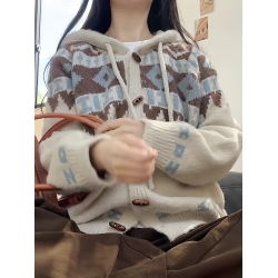 費爾島連帽毛衣慵懶高級感牛角釦針織衫開衫女2025早秋季穿搭外套