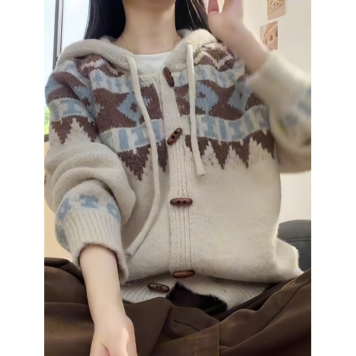 費爾島連帽毛衣慵懶高級感牛角釦針織衫開衫女2025早秋季穿搭外套 費爾島連帽毛衣慵懶高級感牛角釦針織衫開衫女2025早秋季穿搭外套