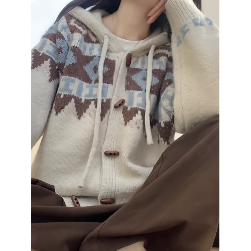 費爾島連帽毛衣慵懶高級感牛角釦針織衫開衫女2025早秋季穿搭外套 費爾島連帽毛衣慵懶高級感牛角釦針織衫開衫女2025早秋季穿搭外套