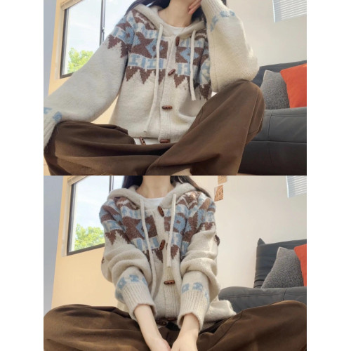 費爾島連帽毛衣慵懶高級感牛角釦針織衫開衫女2025早秋季穿搭外套 費爾島連帽毛衣慵懶高級感牛角釦針織衫開衫女2025早秋季穿搭外套