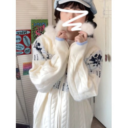 慵懶風藍白色費爾島連帽毛衣外套女秋冬季2025年新款寬松針織開衫