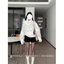 費爾島白色高領堆堆領毛衣女早秋季寬松慵懶風加厚內搭套頭針織衫