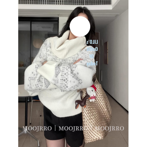費爾島白色高領堆堆領毛衣女早秋季寬松慵懶風加厚內搭套頭針織衫