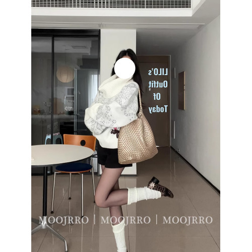 費爾島白色高領堆堆領毛衣女早秋季寬松慵懶風加厚內搭套頭針織衫