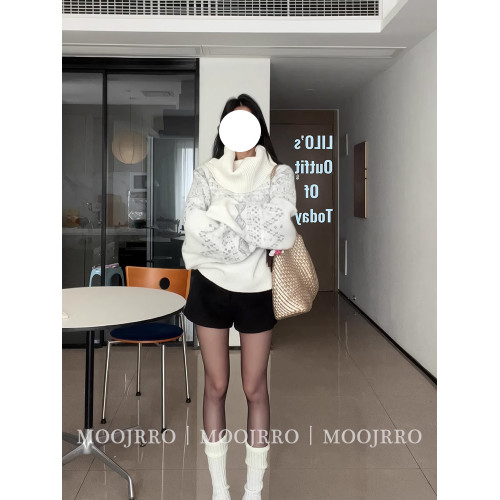 費爾島白色高領堆堆領毛衣女早秋季寬松慵懶風加厚內搭套頭針織衫