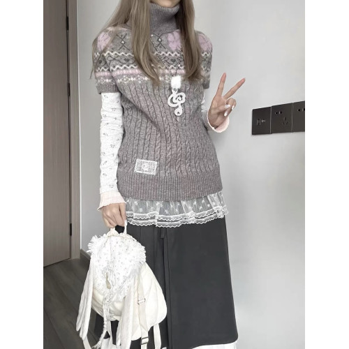 日系曡穿!半高領費爾島針織短袖收腰修身顯瘦秋冬百搭學院風獨特 日系曡穿!半高領費爾島針織短袖收腰修身顯瘦秋冬百搭學院風獨特