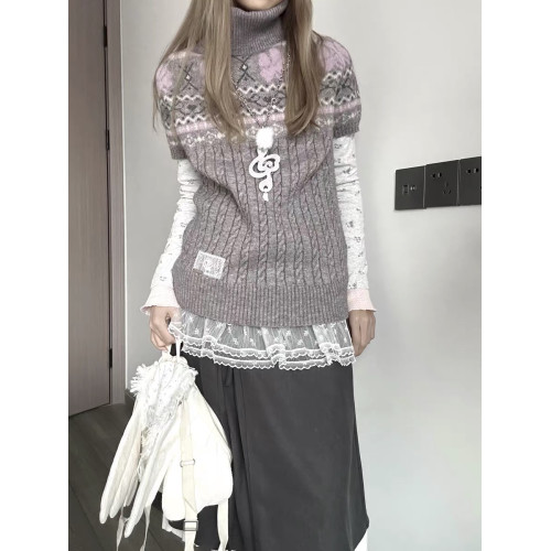 日系曡穿!半高領費爾島針織短袖收腰修身顯瘦秋冬百搭學院風獨特 日系曡穿!半高領費爾島針織短袖收腰修身顯瘦秋冬百搭學院風獨特