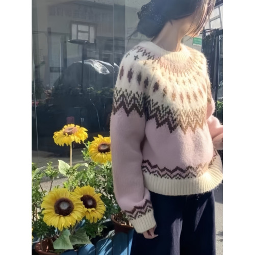 粉色費爾島奶呼呼軟糯毛衣女春秋寬松慵懶風設計感小衆套頭針織衫