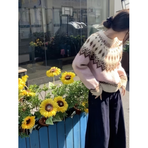 粉色費爾島奶呼呼軟糯毛衣女春秋寬松慵懶風設計感小衆套頭針織衫