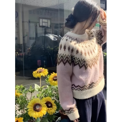 粉色費爾島奶呼呼軟糯毛衣女春秋寬松慵懶風設計感小衆套頭針織衫
