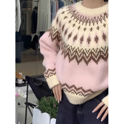 粉色費爾島奶呼呼軟糯毛衣女春秋寬松慵懶風設計感小衆套頭針織衫