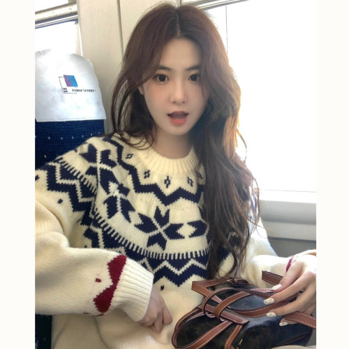 費爾島復古聖誕毛衣女秋冬新款寬松加厚溫柔慵懶風圓領軟糯上衣 費爾島復古聖誕毛衣女秋冬新款寬松加厚溫柔慵懶風圓領軟糯上衣