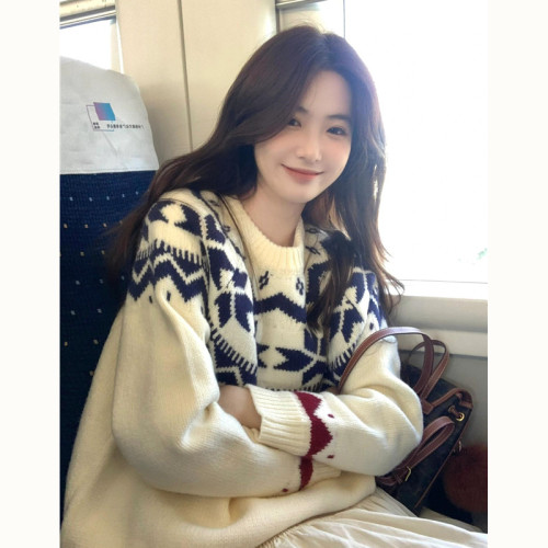 費爾島復古聖誕毛衣女秋冬新款寬松加厚溫柔慵懶風圓領軟糯上衣 費爾島復古聖誕毛衣女秋冬新款寬松加厚溫柔慵懶風圓領軟糯上衣