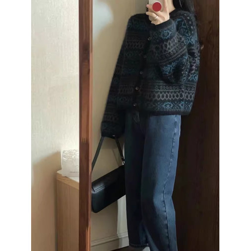 復古提花費爾島毛衣外套女秋冬設計感針織開衫小個子寬松短款上衣