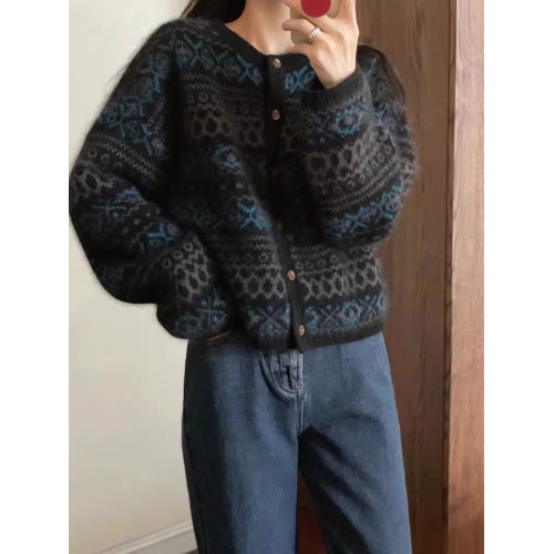 復古提花費爾島毛衣外套女秋冬設計感針織開衫小個子寬松短款上衣