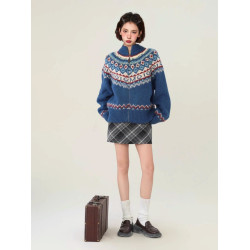 費爾島藍色高領毛衣外套女秋冬北歐風復古慵懶風加厚針織開衫冬季