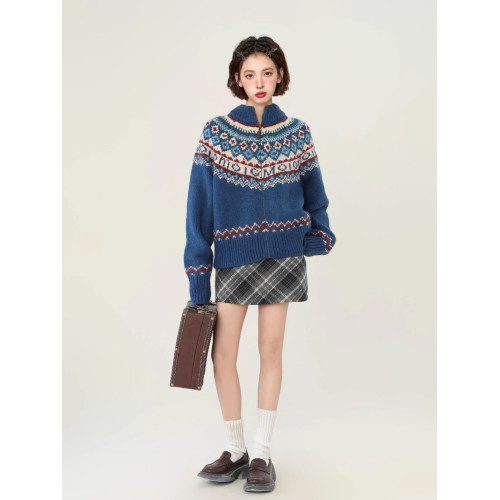 費爾島藍色高領毛衣外套女秋冬北歐風復古慵懶風加厚針織開衫冬季