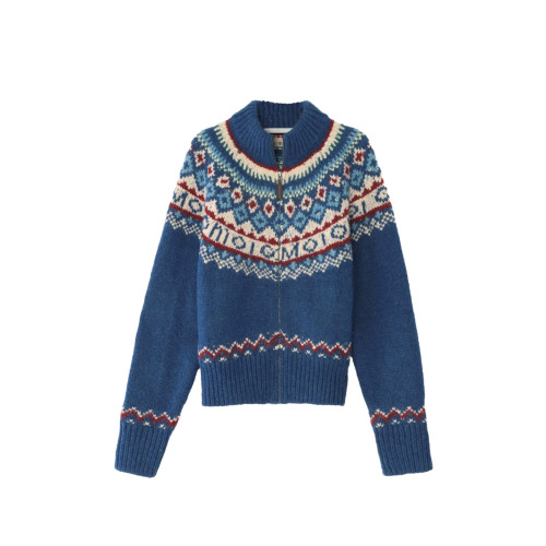 費爾島藍色高領毛衣外套女秋冬北歐風復古慵懶風加厚針織開衫冬季