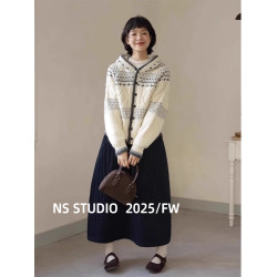 復古費爾島連帽開衫毛衣外套女冬季加厚寬松慵懶風高級感針織上衣