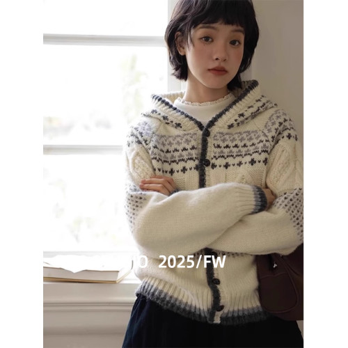 復古費爾島連帽開衫毛衣外套女冬季加厚寬松慵懶風高級感針織上衣 復古費爾島連帽開衫毛衣外套女冬季加厚寬松慵懶風高級感針織上衣