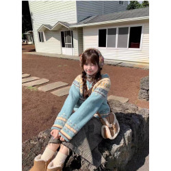 韓系甜美連帽費爾島提花牛角釦毛衣女秋冬季新款寬松針織開衫外套