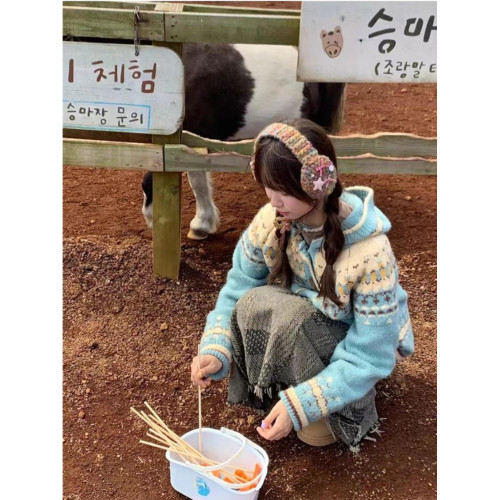 韓系甜美連帽費爾島提花牛角釦毛衣女秋冬季新款寬松針織開衫外套 韓系甜美連帽費爾島提花牛角釦毛衣女秋冬季新款寬松針織開衫外套