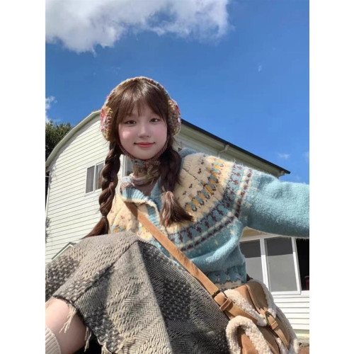 韓系甜美連帽費爾島提花牛角釦毛衣女秋冬季新款寬松針織開衫外套 韓系甜美連帽費爾島提花牛角釦毛衣女秋冬季新款寬松針織開衫外套