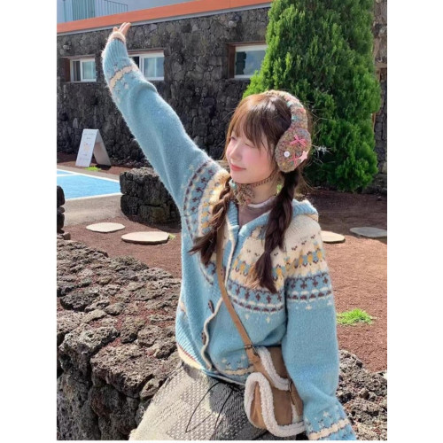 韓系甜美連帽費爾島提花牛角釦毛衣女秋冬季新款寬松針織開衫外套 韓系甜美連帽費爾島提花牛角釦毛衣女秋冬季新款寬松針織開衫外套