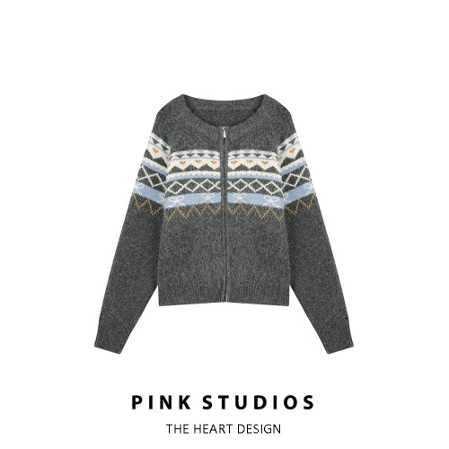 灰色提花針織半身裙女秋冬費爾島復古慵懶松緊腰顯瘦a字直筒短裙